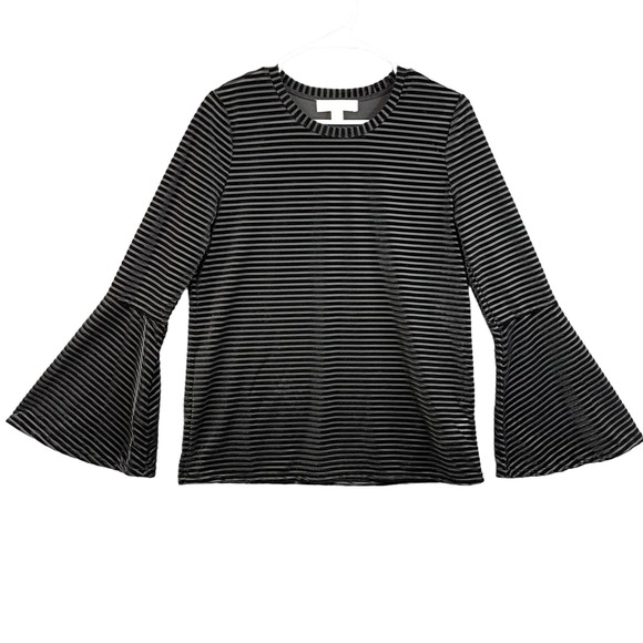 Michael Kors Women's Blouse Size Medium Black and Gray Striped Bell Sleeve - Picture 2 of 11